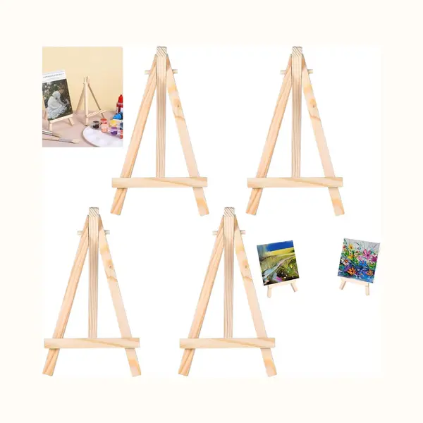 4 Stuks - Mini Houten Ezel - Kleine Bureau-ezel - Driehoekige Houten Ezelstandaard - Telefoonstandaard - Canvasstandaard - Houtkleur 8X15cm thumbnail