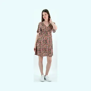 YesMooi - Mini Jurk Met Bloemenprint - V-hals En Open Rug - S (36) - Roze | Oranje | Beige