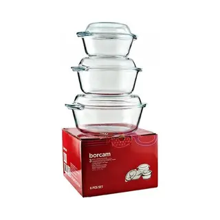 Pasabahce Auflaufform 6-teilig Borcam Kasserolle 3er Set Auflaufform Rund Mit Deckel, (6-St)