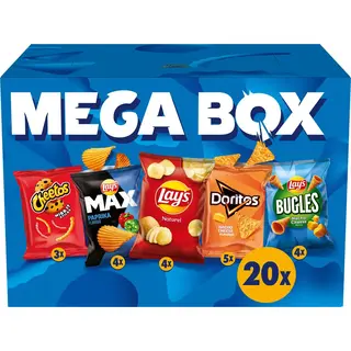 Lay's Chips Mega Box Mix - Paprika, Naturel & Nacho Cheese - Doos 534 Gram Bevat 20 Uitdeelzakjes