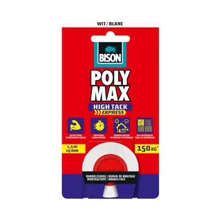 Bison Poly Max® High Tack Express Montage Tape Wit, Universele Dubbelzijdige Montagetape 1, 5 Meter X 19mm, Eenvoudig In Gebruik, Extra Sterk, Supersnel,