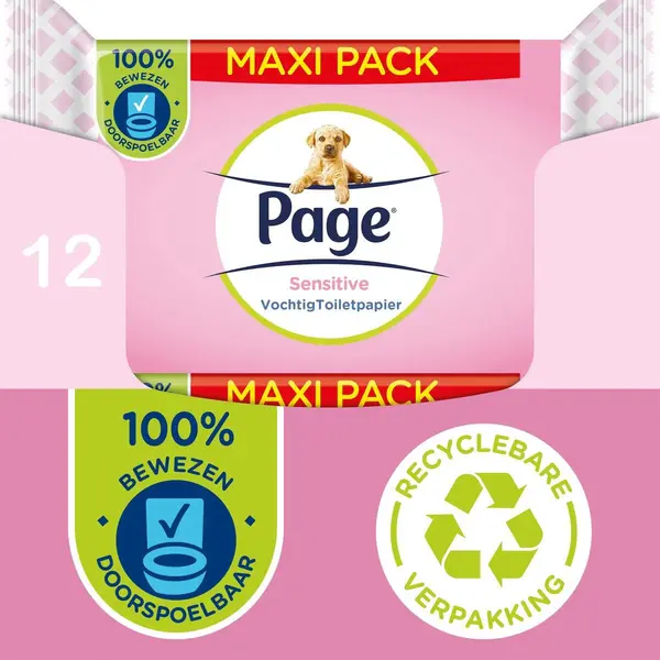 Page Vochtig Toiletpapier - 12 X 74 Stuks - Sensitive Maxi Vochtig Wc Papier - Voordeelverpakking thumbnail