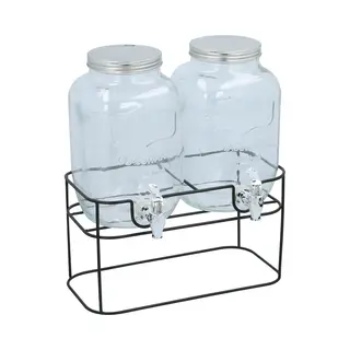 Cuisine Elegance Dubbele Drankdispenser - Waterdispenser 2x4L - Limonadetap Met Kraantje En Houder - Watertap 33 X 17 X 32cm - Sapdispenser - Glas