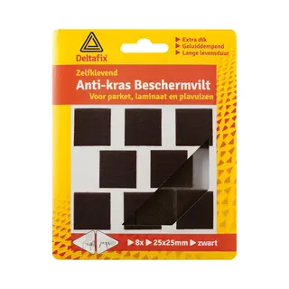 Deltafix Anti-krasvilt - 8x - Zwart - 25 X 25 Mm - Vierkant - Zelfklevend - Meubel Beschermvilt