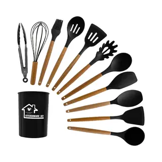 Keukengerei Set Met Houder 12-Delig - Siliconen Kookgerei Set - Hittebestendig / Bpa Vrij - Houten Handvat - Incl. Garde, Spatel, Pollepel,