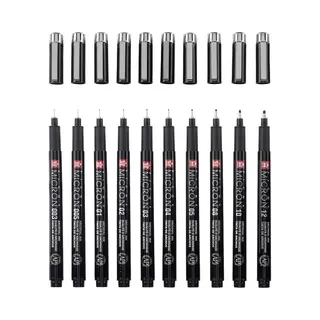 Sakura Pigma Micron Fineliners 10er Set + Etui | Wasserfeste Schwarze Tinte, Verschiedene Größen | Stifte Zum Schreiben, Zeichnen & Journaling