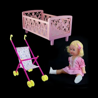 Playtime Koets + Bedje Voor Babypoppen + Gratis Pop Amy 35 Cm