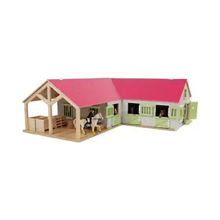 Kids Globe Farming Reiterhof Rosa Bauernhof Pferdestall Holz 1, 24 Mit 3 Boxen, Spielzeug Pferdehof, Mit Praktischem Faltdach, Für Alle Gängigen