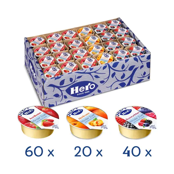 Hero Jam Minder Zoet Assortiment - Broodbeleg - Jam - Aardbeien, Abrikozen & Bosvruchten - 120 Cupjes à 20 Gram - Voordeelverpakking thumbnail