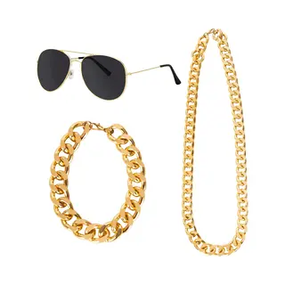 PartyXplosion Carnaval Verkleed Pooier/Pimp/Gangster Set - 3-delig - Volwassenen - Zonnebril/armband/ketting - Foute Party