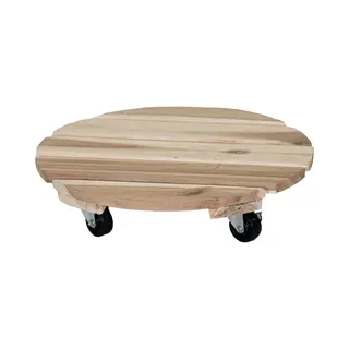 Mega Collections Plantenpot Trolley - Acacia Hout - Lichtbruin - Rond - 30 X 30 Cm - Max 50 Kilo