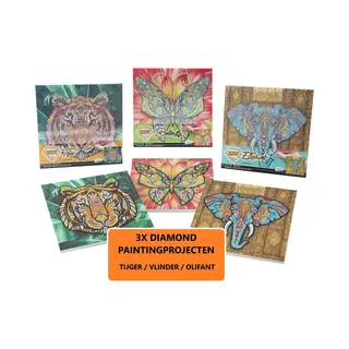 Grafix Diamond Painting Kinderen 3pcs - Diamond Painting Pakket Volledig - Thema Dieren - Diamond Painting Op Canvas - Inclusief Diamond Painting Pen En