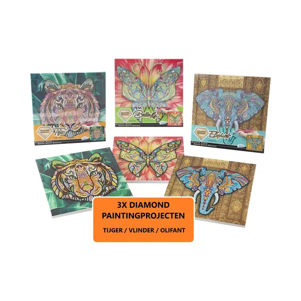 Grafix Diamond Painting Kinderen 3pcs - Diamond Painting Pakket Volledig - Thema Dieren - Diamond Painting Op Canvas - Inclusief Diamond Painting Pen En thumbnail