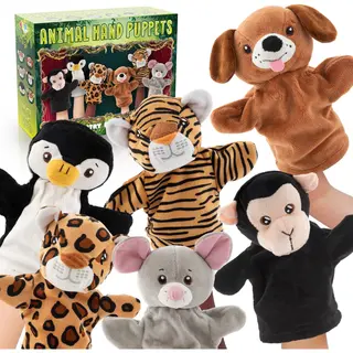 Handpoppen Poppenkast - 6pcs Dieren Handpoppen Hond, Tijger, Aap, Muis, Luipaard & Pinguïn - Inclusief Poppenkast Verpakking - Joya Creative