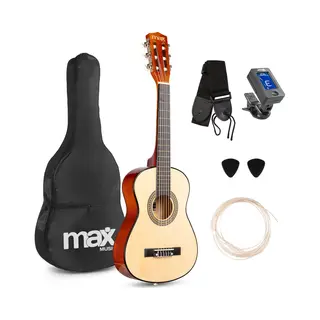 Max SoloArt - 1/4 Gitarre Kinder Ab 3 Jahre - Akustik Gitarre Inkl. Tasche, Plektrum, Gurt Und Saiten-Zubehör, Kindergitarre 3 Jahre, Guitar In Natur