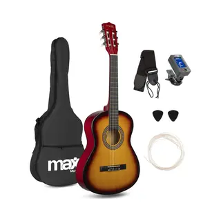 Max SoloArt - Gitarre 3/4 Kindergitarre Ab 6 Jahre, Junior Akustik Gitarre Inkl. Tasche, Plektrum, Gurt Und Saiten-Zubehör, Guitar In Sunburst