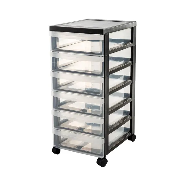 Iris Ohyama, Plastic Drawers Storage Unit, Plastic Storage Drawers, A4 Format & 4 Wheels, H61.5cm/6 Drawers, Bpa Free, Black, W40 X D29 X H61.5cm, thumbnail