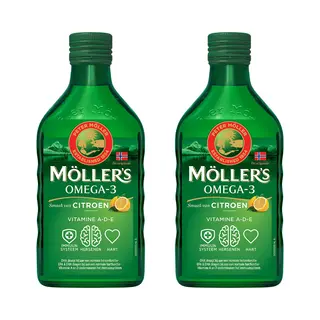 Möller's Möller’s Omega-3 Levertraan Citroen - 2 X 250ml - Omega-3 Visolie – Levertraan Vloeibaar – Levertraan Met Smaak Van Citroen