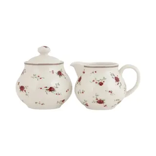 Clayre & Eef Melk En Suiker Set 12x9x8 / Ø 9x10 Cm Beige Keramiek Bloemen