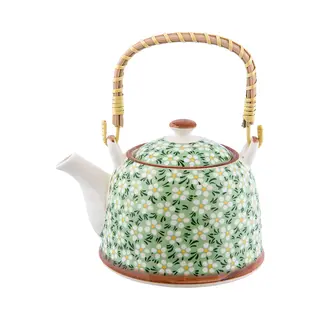 Clayre & Eef Theepot Met Filter 700 Ml Groen Keramiek Bloemen