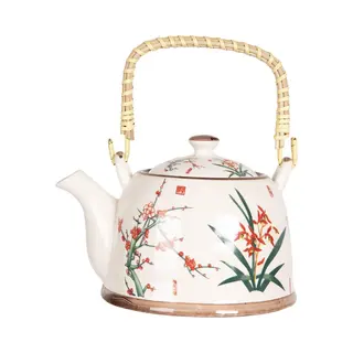 Clayre & Eef Theepot Met Filter 800 Ml Beige Groen Porselein Bloemen