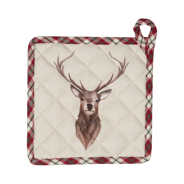 Clayre & Eef Pannenlap 20x20 Cm Beige Rood Katoen Hert thumbnail