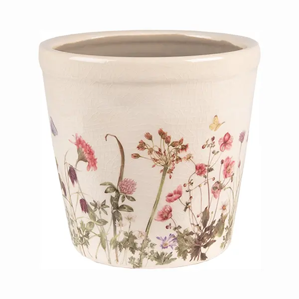Clayre & Eef Bloempot Ø 14x13 Cm Roze Beige Keramiek Bloemen thumbnail