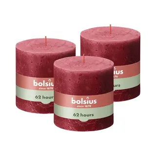 Bolsius Rustic Pillar Candle Xxl, Red, Set Of 3, Decorative Household Candles, Length Burning Time 62 Hours, Unscented, Natural Plant Wax, Palm Oil