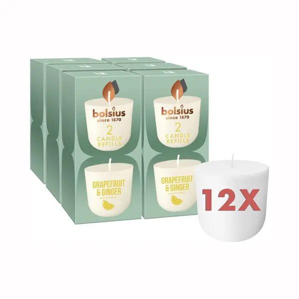 Bolsius - CleanLight - 12 Gegeurde Navullingen - Grapefruit & Ginger - Navulbare Geurkaarsen thumbnail