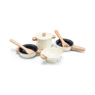 Woet Metal Pot & Pan Set – Off-White Toy Kitchen Playset For Toddlers 24 Months+ – 7-Piece Pretend Cooking Set With Wooden Utensils –