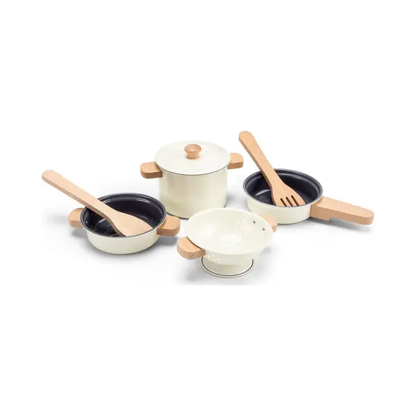 Woet Metal Pot & Pan Set – Off-White Toy Kitchen Playset For Toddlers 24 Months+ – 7-Piece Pretend Cooking Set With Wooden Utensils – thumbnail
