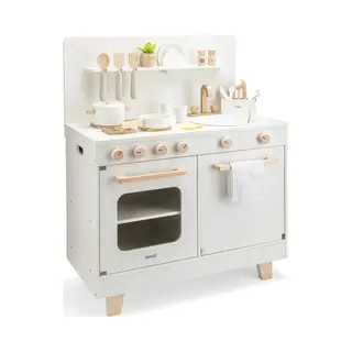 Woet® Houten Speelgoed Kinderkeuken Met Vaatwasser - Speelkeukentje Met Pannen, Servies, Kruidenplantje En Gouden Kraan - Speelkeuken Gebroken Wit -