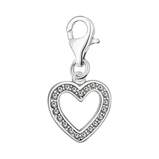 Quiges Open Heart Clip On Charm Pendant With Cubic Zirconia Silver Plated Women's Jewellery