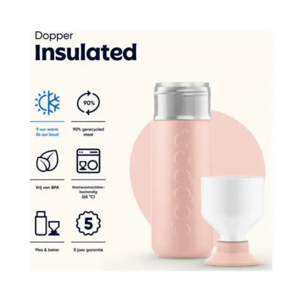 Dopper Insulated Thermo Bottle 580ml Pebble Peach - Double-Walled, Leak-Proof, Keeps Cold For 24h/hot For 9h - Stainless Steel Drinking Bottle - thumbnail