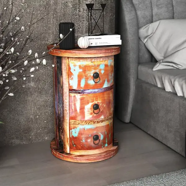 VidaXL Reclaimed Solid Wood Cabinet With Round Design, Space-Saving Storage Unit With 3 Drawers, Vintage-Styled Sideboard For Living Room thumbnail