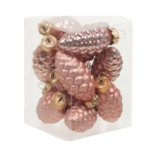 Othmar Decorations 12x Dennenappel Kersthangers/kerstballen Koraal Roze Van Glas - 6 Cm - Mat/glans - Kerstboomversiering