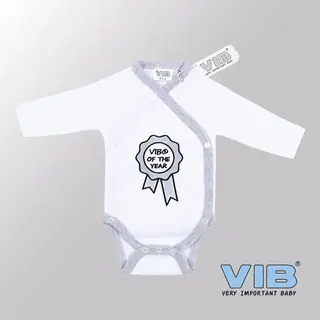 Vib® - Rompertje (overslag) Luxe Katoen - Vib Of The Year (Wit-Grijs) - Babykleertjes - Romper - Rompertjes - Rompertjes Met Tekst - Baby Cadeau -