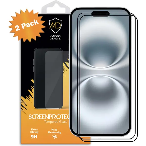2-Pack MobyDefend Screenprotectors - Geschikt Voor IPhone 16 - Screensavers Met Zwarte Randen - Gehard Glas thumbnail