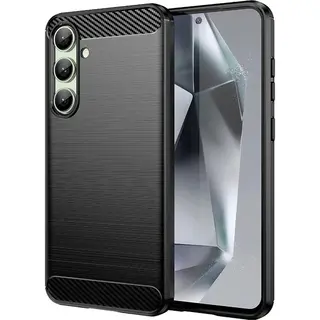 MobyDefend Hoesje - Geschikt Voor Samsung Galaxy S24 Fe - Tpu Backcover - Geborstelde Metaal & Carbon-Look - Zwart