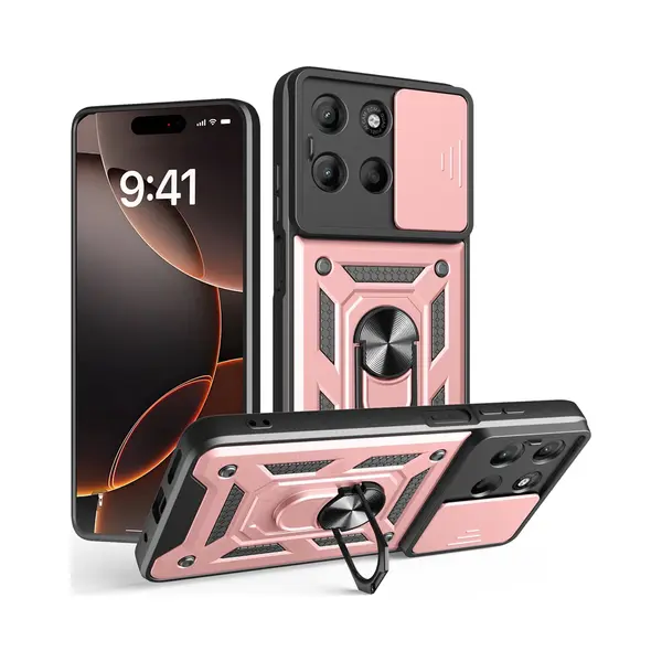 MobyDefend Hoesje - Geschikt Voor Motorola Moto G15 / G15 Power - Pantsercase Met Draaibare Ring - Rosé thumbnail