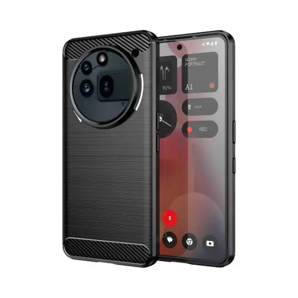 MobyDefend Hoesje - Geschikt Voor Nothing Phone (3a) Pro - Tpu Backcover - Geborstelde Metaal & Carbon-Look - Zwart thumbnail