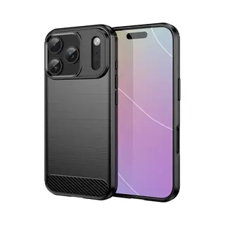 MobyDefend Hoesje - Geschikt Voor IPhone 17 Pro - Tpu Backcover - Geborstelde Metaal & Carbon-Look - Zwart