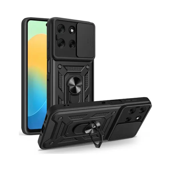 MobyDefend Hoesje - Geschikt Voor Motorola Moto G56 - Pantsercase Met Draaibare Ring - Zwart thumbnail