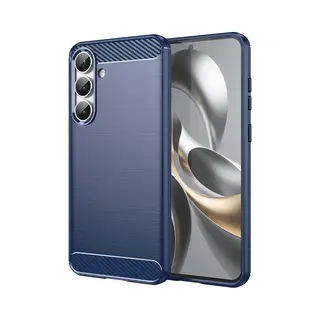 MobyDefend Hoesje - Geschikt Voor Samsung Galaxy S25 Fe - Tpu Backcover - Geborstelde Metaal & Carbon-Look - Blauw