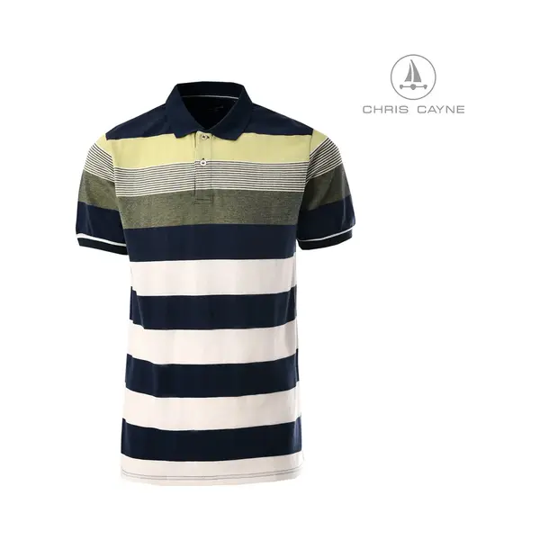 Chris Cayne Heren Polo Shirt - Xl - Blauw/groen/offwhite - Poloshirt Korte Mouw - Gestreept - Pique - Streeppatroon thumbnail