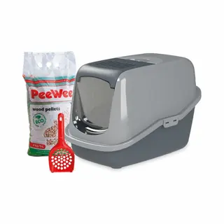 Katzentoilette PeeWee EcoHus Katzenklo Mit Haube Katzen Wc Geschlossen Inkl. 3kg Streu Holzpellets, Farbe, Grau