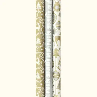 Benza Gold And Silver Cadeaupapier - Kerstpapier Inpakpapier Voor Kerst - 200 X 70 Cm - 3 Rollen