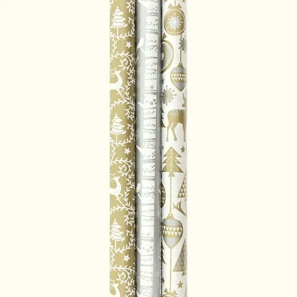 Benza Gold And Silver Cadeaupapier - Kerstpapier Inpakpapier Voor Kerst - 200 X 70 Cm - 3 Rollen thumbnail