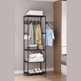 Kledingrek Met 3 Legplankjes - 55 X 36 X 170 Cm- Metaal - Garderoberek - Ophanghaken- Zwart