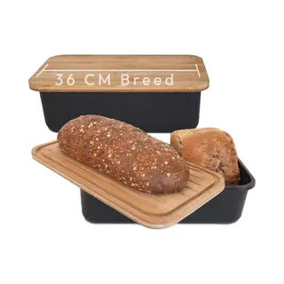 Gadgy Broodtrommel Met Bamboe Deksel – Brooddoos Met Snijplank - Bewaardoos Crackers En Ontbijtkoek - Vershouddoos - 36x19.5x11.5 Cm- Zwart